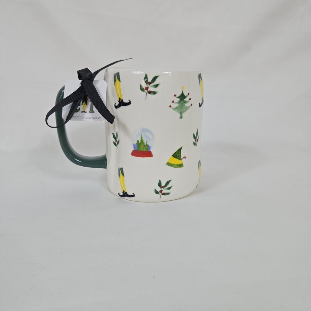 Rae Dunn Buddy The Elf Farhmouse‎ Whimsical Christmas White Mug Green Handle NEW